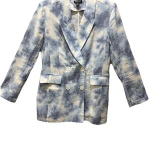 Versona Double Breasted Blue and White Tie-Dye Linen Blend Blazer W/pockets EUC